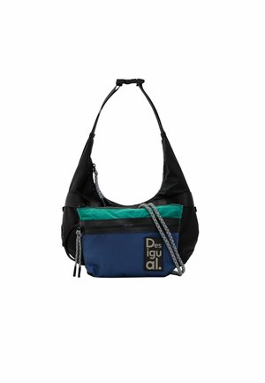 Black, green, and blue crossbody bag with zigzag-patterned adjustable strap and front zipper pocket with brand logo patch.