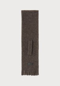 Écharpe en feutre marron avec des extrémités à franges, mettant en avant un détail de sangle centrale et une petite étiquette cousue sur le tissu. Surface texturée.