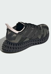 Black running shoe with a mesh upper featuring a camo pattern, complemented by a textured, layered 4D printed sole for cushioning.