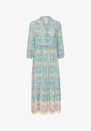 Sininen kuvioitu mekko, jossa on kaulus, kolme neljännesosaa hihat, nauhavyötärö ja kerrostettu hame, jossa on kukka- ja geometrisia kuvioita.