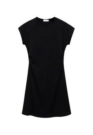 Vestido negro de manga corta con escote redondo y detalles entallados en la cintura, mostrado sobre un fondo blanco.