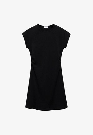 Vestido negro de manga corta con escote redondo y detalles entallados en la cintura, mostrado sobre un fondo blanco.