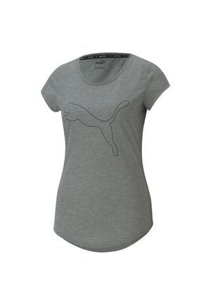 Grå kortærmet T-shirt lavet af blødt stof, med en sort kontur af et springende kat-ikon på forsiden og en rund halsudskæring.