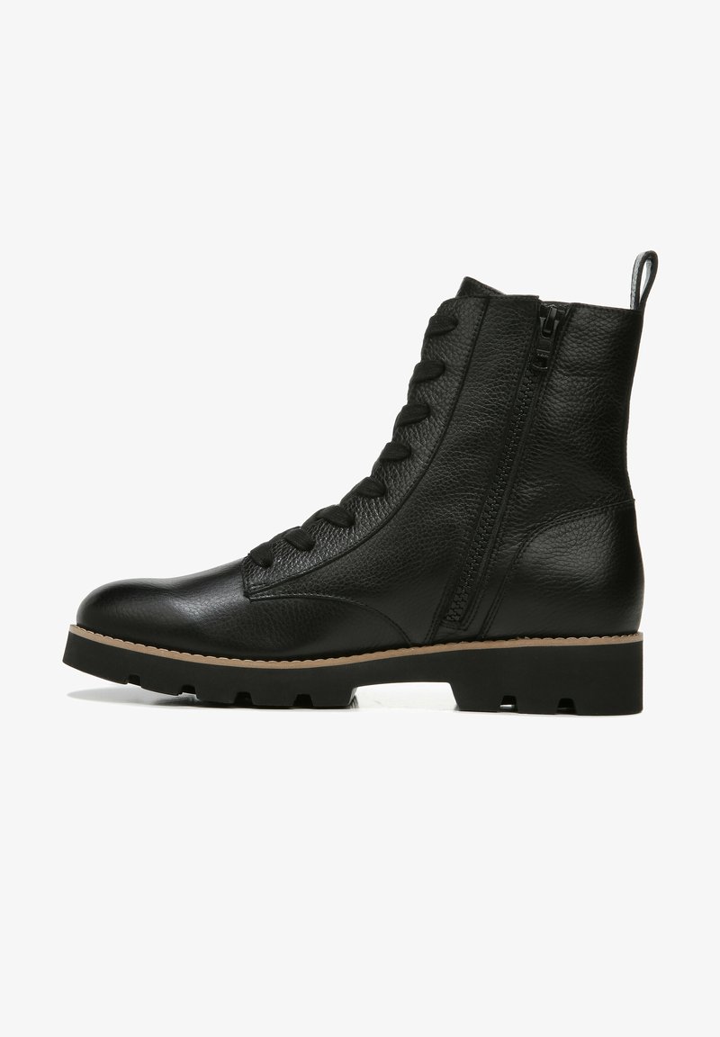 Black leather ankle boot with a textured finish, lace-up front, side zipper, and a rugged rubber sole for traction.