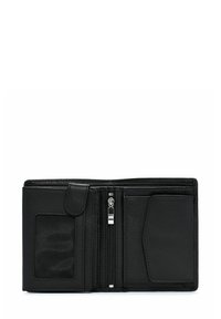 Czarny skórzany portfel z zamkiem błyskawicznym, przegródkami na karty oraz przezroczystą kieszonką na identyfikator. Teksturowane wykończenie z zatrzaskiem.