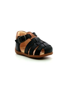 Sandalias de cuero negro con diseño trenzado, detalles en color tostado y correa ajustable. Forro interior suave y suela de goma flexible.