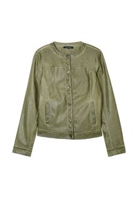 Giacca in ecopelle verde oliva con scollatura rotonda, bottoni a pressione, due tasche frontali e una vestibilità leggermente accorciata. Texture liscia, senza motivi.