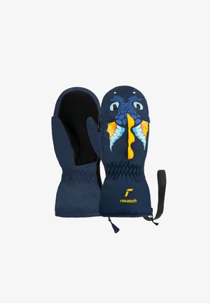 Marineblaue Handschuhe mit einem Drachendesign, das leuchtende gelbe und blaue Akzente aufweist. Weiche Innenauskleidung, elastischer Handgelenksausschnitt und verstellbarer Riemen.