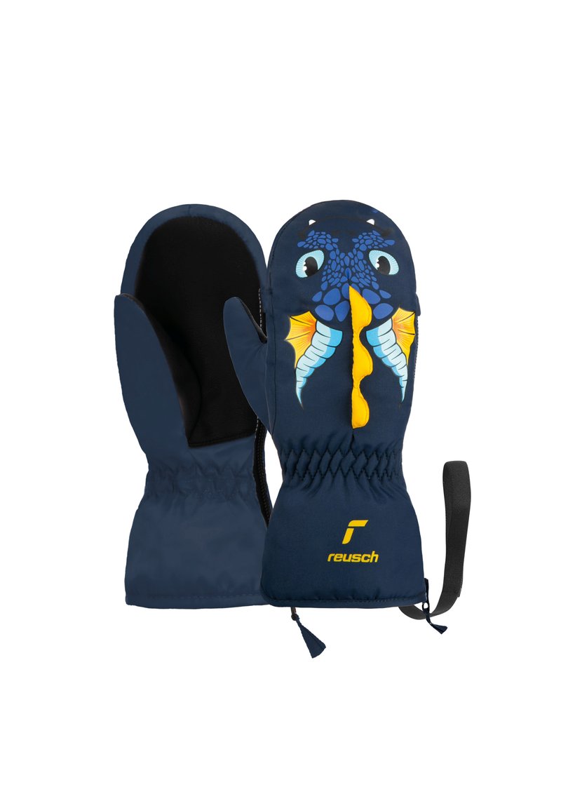 Navy blue mittens with a dragon design featuring bright yellow and blue accents. Soft interior lining, elastic wrist, and adjustable strap.