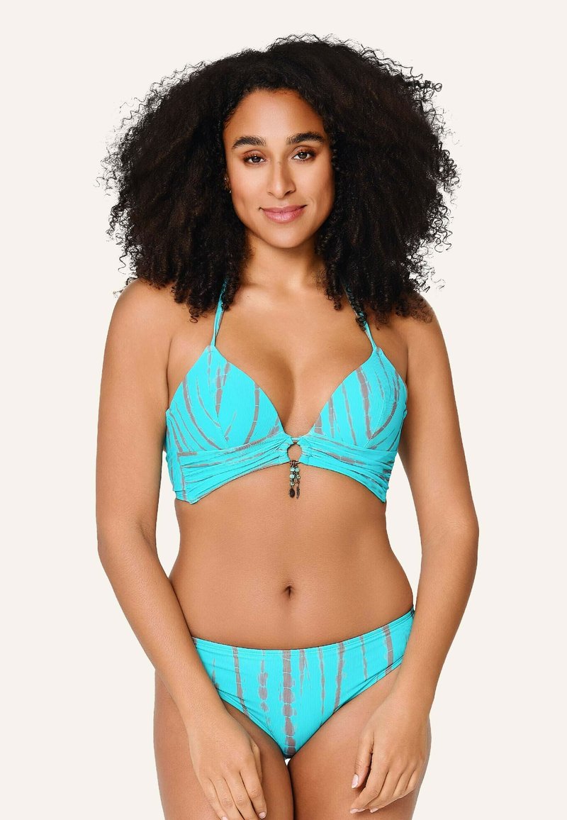 Tyrkysový horný diel plaviek s kosticami, záhybovým dizajnom, otvorom v tvare kľúčovej dierky a nastaviteľnými ramienkami, v páre so spodným dielom s podobnou textúrou.