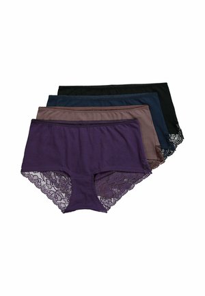Set van vijf hipsteronderbroeken voor vrouwen in verschillende kleuren: paars, bruin, marineblauw, teal en zwart. Soepele stof met kantdetails.