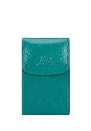 Petit portefeuille rectangulaire en cuir bleu sarcelle avec fermeture à rabat embossée du logo Wittchen et du blason à l'avant.
