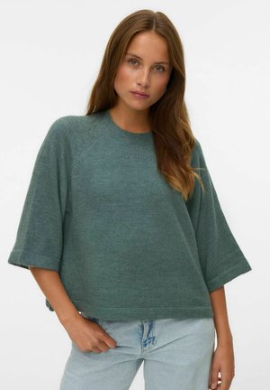 Short-sleeve green sweater crafted from soft knit material, featuring a round neckline and a relaxed, boxy silhouette.