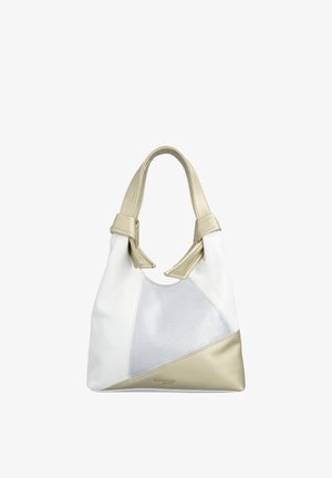 Sac à main en cuir blanc et doré avec un motif géométrique, double poignées nouées à la base, et un panneau central texturé.