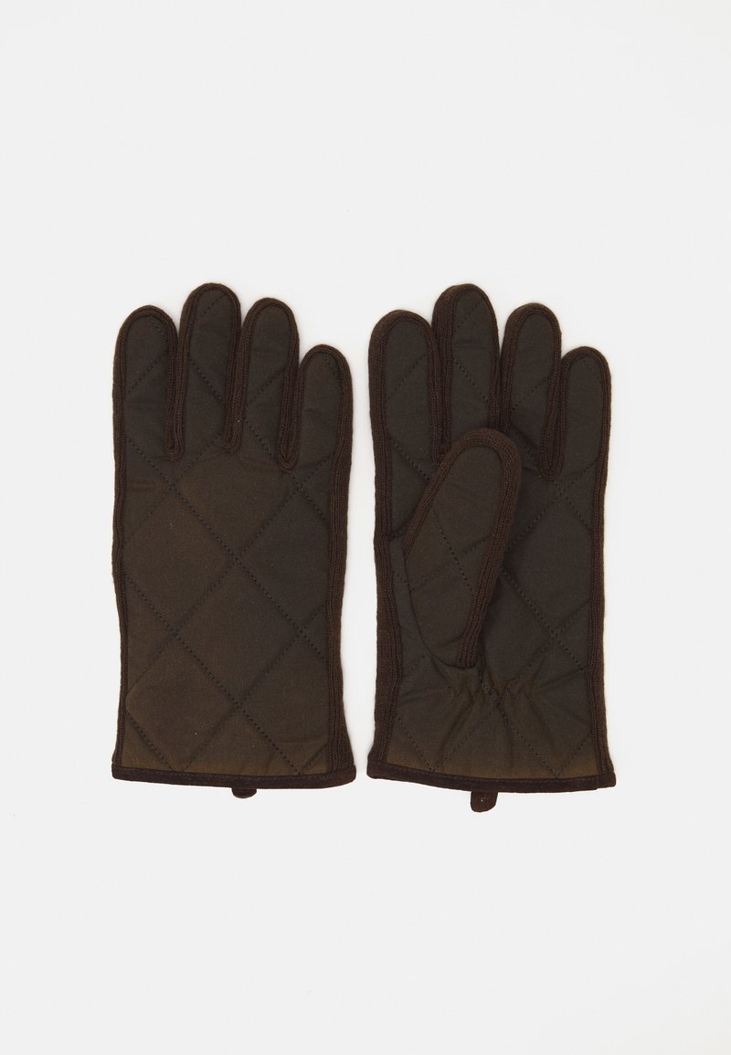 Quilted brown gloves with a diamond pattern, featuring a fingered design and contrasting brown trim along the edges.