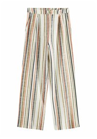 Pantalons larges à rayures en tissu léger, avec des lignes verticales en corail, noir, vert et crème ; comprend des poches avant.