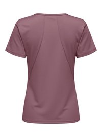 Οπίσθια όψη ενός αθλητικού μπλουζιού με κοντά μανίκια σε μωβ απόχρωση, με υφασμάτινη υφή να διατρέχει το κέντρο της πλάτης.