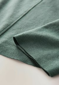 Tessuto a maglia verde texturizzato con un bordo liscio appare ripiegato, mettendo in mostra un motivo soffice a coste e una leggera lucentezza.
