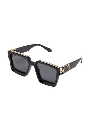 Crne velike sunčane naočale kvadratnog oblika s tamnim staklima, ukrašene zlatnim detaljima i dekorativnim šarkama na krunicama.
