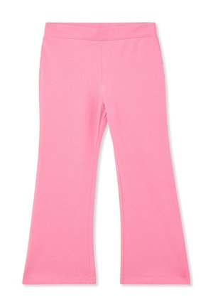 Różowe, rozszerzane legginsy wykonane z miękkiego, elastycznego materiału. Posiadają gładki pas i elegancki, prosty design bez zdobień.