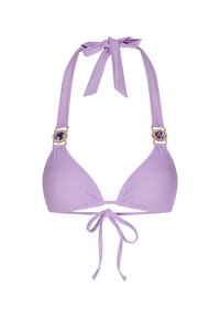 Lila bikini-top met driehoekige cups, strikbandjes en gouden hardware met een paarse edelsteenaccent op elke schouder. Zachte textuur.
