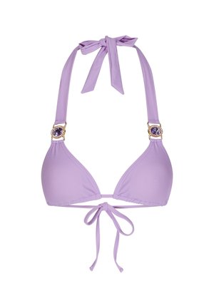 Lilafarbener Bikini-Oberteil mit Dreieckschalen, Bindebändern und goldenen Beschlägen, die jeweils mit einem lila Edelsteinfleck an den Schultern verziert sind. Glatte Textur.