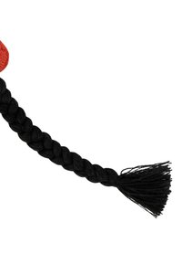 Corda nera intrecciata con un accento rosso a un'estremità, caratterizzata da una finitura texturizzata e una frangia sfilacciata all'estremità opposta.