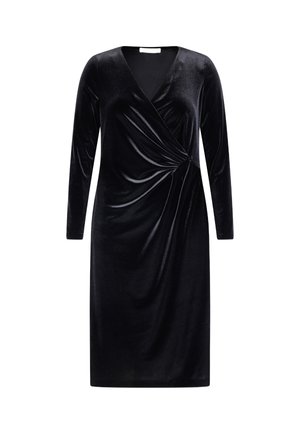 Black velvet dress with long sleeves, wrap design, and gathered detail at the waist. Smooth texture with a deep V-neckline.
