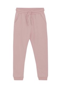 Rosa bomullsjoggers med elastisk midjeband, dragsko och sidofickor. Åtsittande muddar vid ankeln. Mjuk, slät textur.