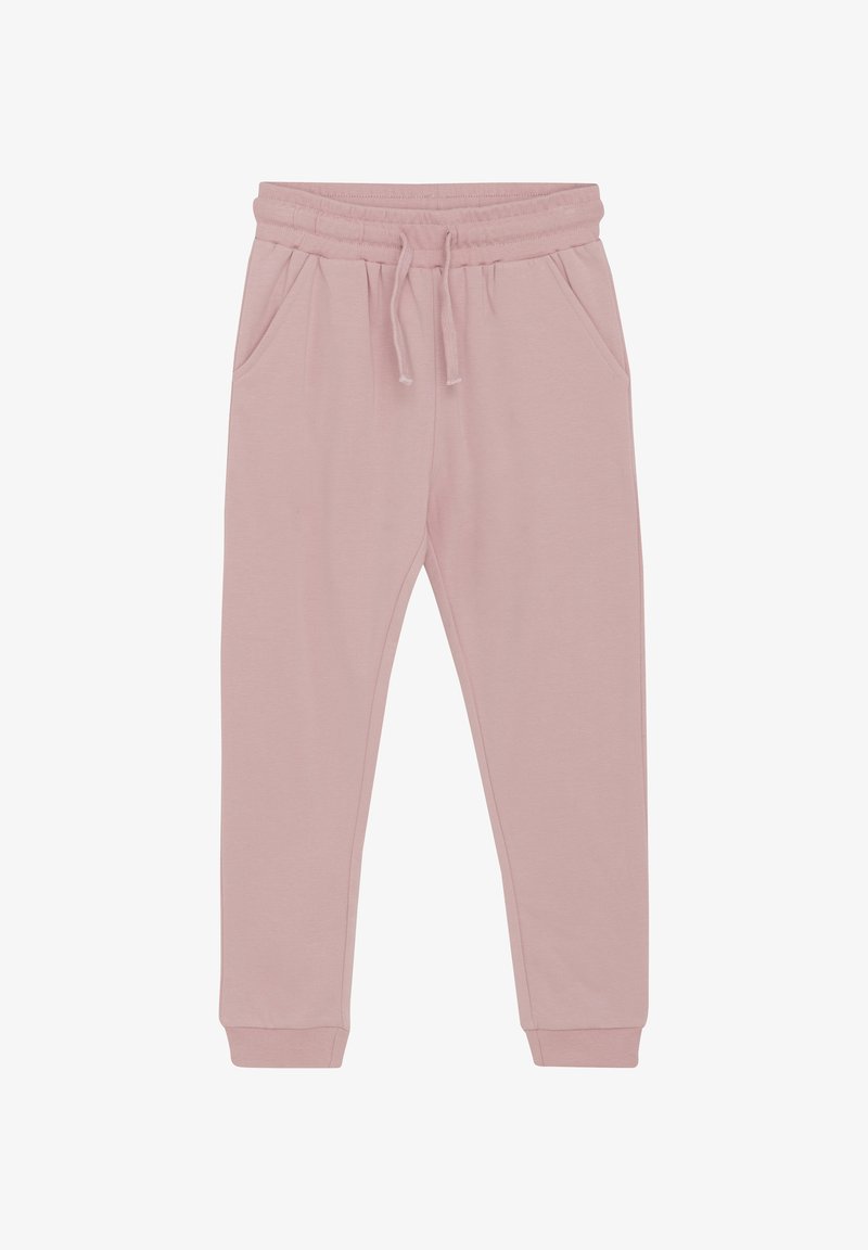 Rosa bomullsjoggers med elastisk midjeband, dragsko och sidofickor. Åtsittande muddar vid ankeln. Mjuk, slät textur.