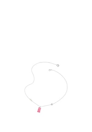 Silberne Halskette mit einem rosa Gummibär-Anhänger, einer kleinen Perle und einer winzigen herzförmigen Verzierung.