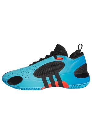 Blue athletic shoe with black mesh accents, three black stripes, and an orange detail. Features a textured upper and a patterned outsole.