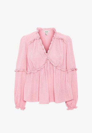 Blusa rosa a maniche lunghe con scollatura a V arricciata e orli arricciati, vita elasticizzata e vestibilità ampia e fluida.