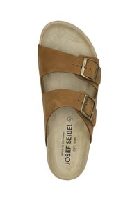 Brown suede slide sandal with two adjustable straps and metal buckles, textured footbed, and printed brand name. Size marked as 42.