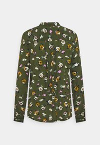 Grøn langærmet skjorte med et blomsterdesign i gult, pink og hvidt. Inkluderer en knap-opp collar og detalje med rygfold.