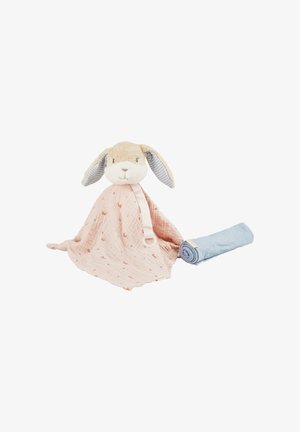 Soft rabbit plush toy with a pink muslin blanket. Features floppy ears with blue stripes and a rolled blue cloth beside it.
