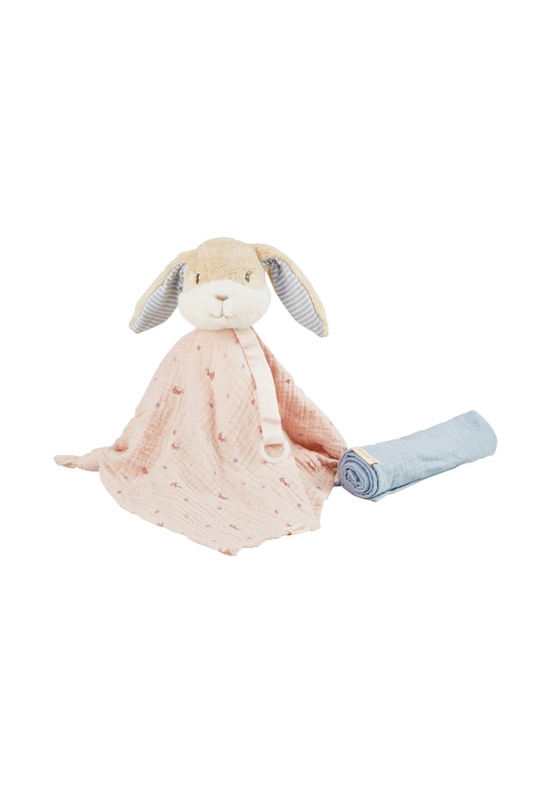 Soft rabbit plush toy with a pink muslin blanket. Features floppy ears with blue stripes and a rolled blue cloth beside it.