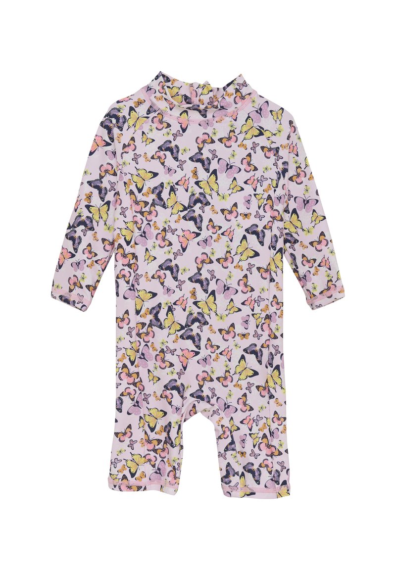 Långärmad bodyn i ljusrosa tyg med ett mönster av färgglada fjärilar i olika storlekar och nyanser, med hög hals och tryckknappstängning.