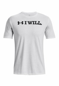 White cotton t-shirt featuring short sleeves and a crew neck, with the text "I WILL." printed in bold black letters across the chest.