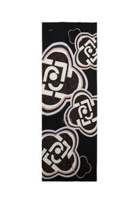 Lunga sciarpa nera con grandi motivi floreali astratti in bianco, rosa e marrone, caratterizzata da forme geometriche e piccoli loghi ripetuti all'interno del design.