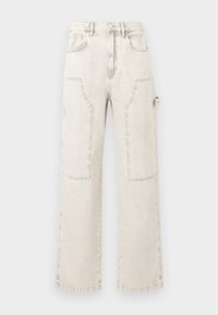 Svetlo obarvane širokorce kavbojk z velikimi žepnimi našitki, visoko pasu, zapiranjem na gumbe in obdelavo z raztrganim robom.