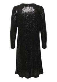 Svart långärmad klänning täckt av glänsande svarta paljetter, visad från baksidan mot en vit bakgrund.