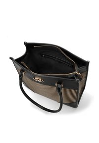 Svart läder tote-väska med randiga tygsidor, guldfärgade detaljer och ett blixtlåsförsett interiör. Har två handtag och flera fickor.