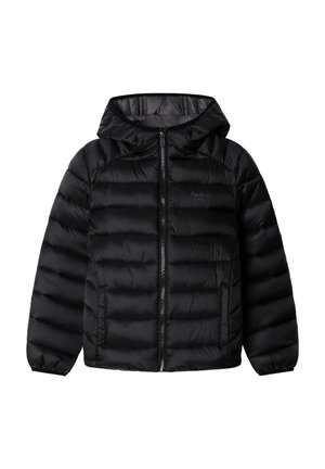 Schwarze Steppjacke mit horizontaler Steppung, Frontreißverschluss, zwei Seitentaschen, elastischen Bündchen und angenähter Kapuze.