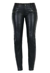 Sorte læderbukser med slim fit, der har dekorative lynlåse på frontlommerne og textured paneler på knæene. Glat overfladefinish.