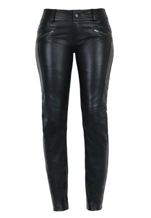 Black leather pants with a slim fit, featuring decorative zippers on the front pockets and textured panels on the knees. Smooth surface finish.