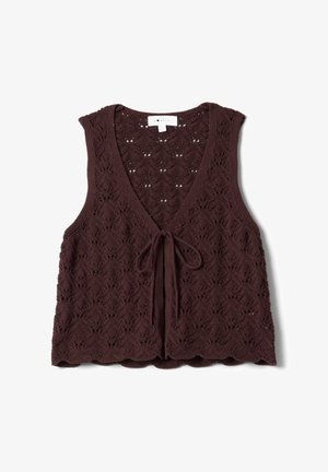 Chaleco marrón sin mangas de punto con patrón de hojas, escote en V, cierre delantero con lazo y bajo festoneado, colocado plano sobre un fondo blanco.