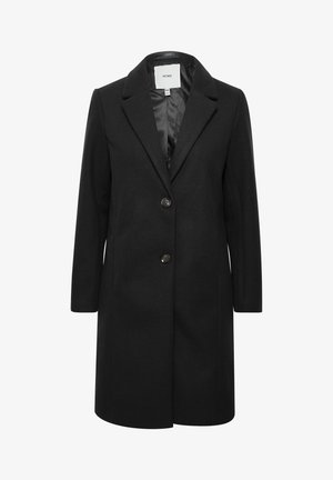 Abrigo de mezcla de lana negra con cuello de muesca, cierre frontal con botones y mangas largas. Forro interior suave, diseño minimalista con corte recto.