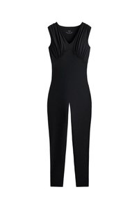 Fekete ujjatlan overál V-kivágással, vállnál és mellrésznél ráncolt részletekkel, testhez simuló nadrágszárakkal, teljes hosszúságú.