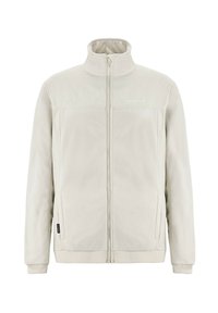 Vaaleanharmaa fleecetakki, jossa on korkea kaulus, etuvetoketju ja sivutaskut. Ominaisuuksina ovat sileä pinta ja minimalistinen muotoilu.